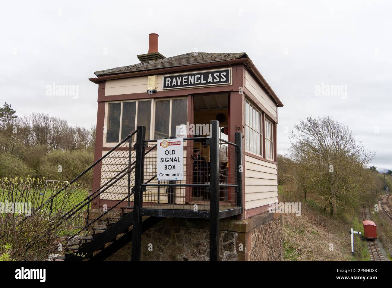 Old signal box by the railway station, now a small tourist attraction in Ravenglass, The Lake District, Cumberland, UK. Stock Photo