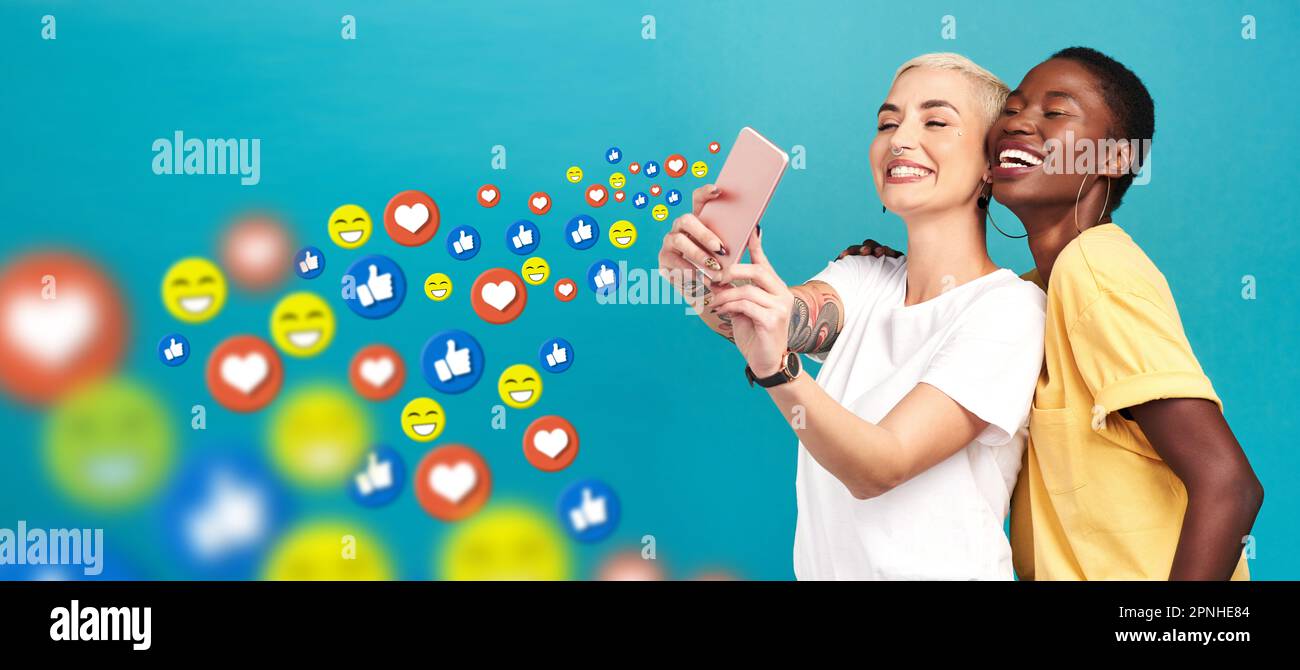 Women, social media icons or friends take a selfie for content or