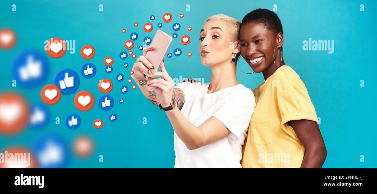 Diversity, social media icons or women take a selfie for content or