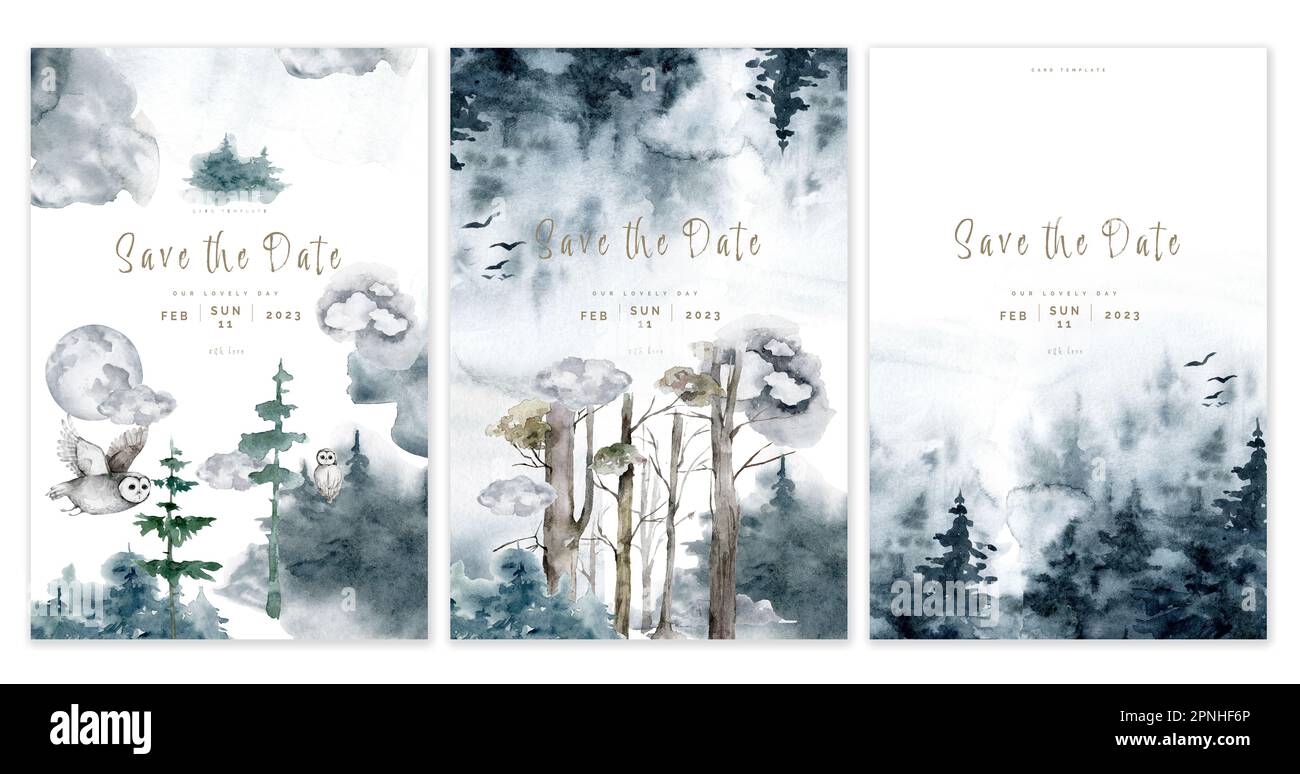 Wildlife watercolor greeting card. Forest, landscape template Stock ...