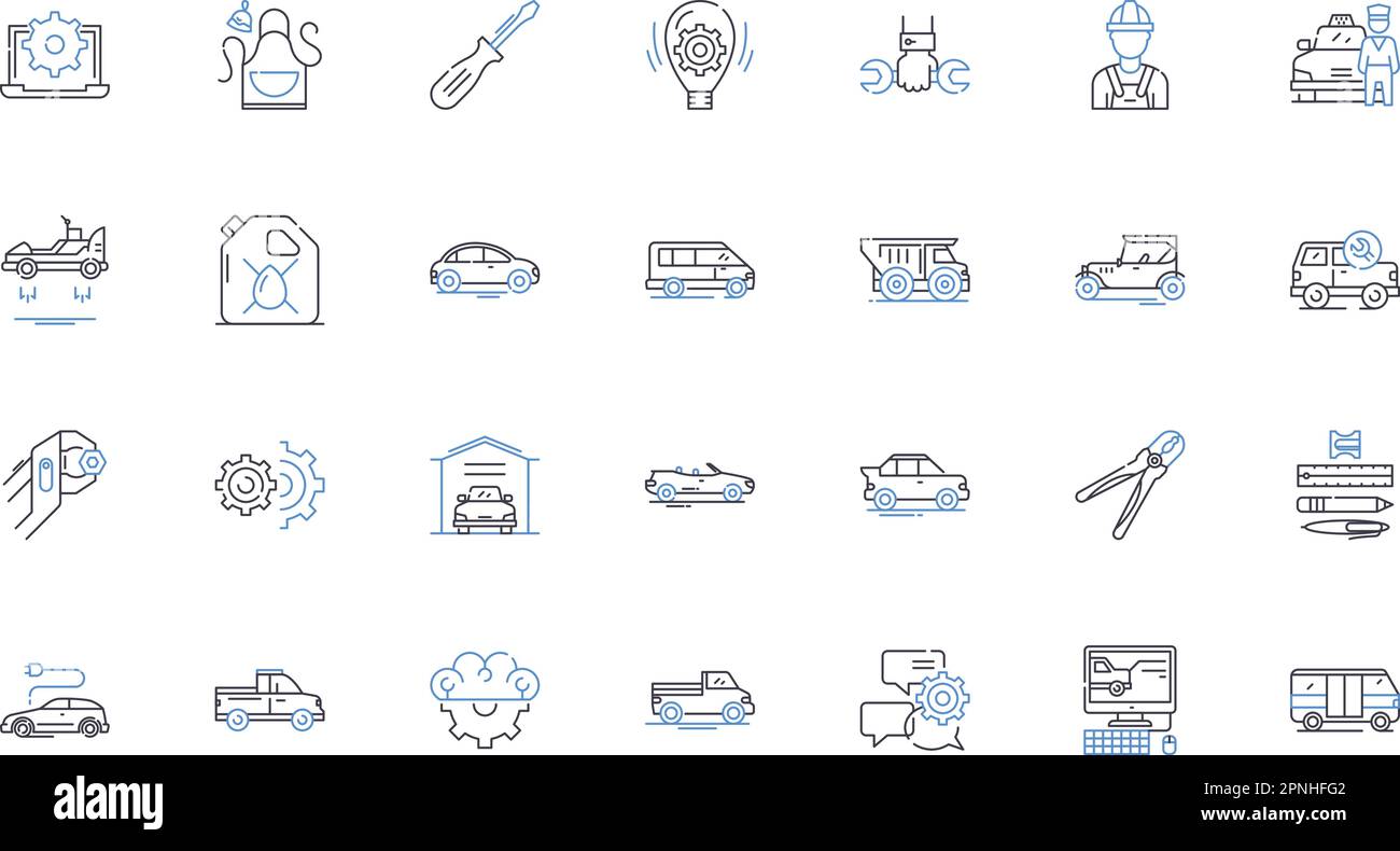 Auto repair line icons collection. Diagnostics, Maintenance, Brakes, Suspension, Alignment, Engine, Transmission vector and linear illustration Stock Vector