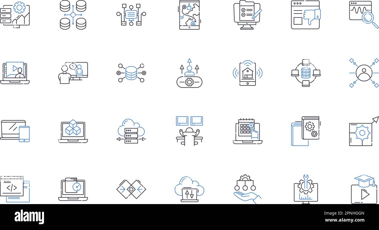Computerized line icons collection. Automated, Digitalized, Programmed, Electronic, Mechanized, Robotized, Technological vector and linear Stock Vector