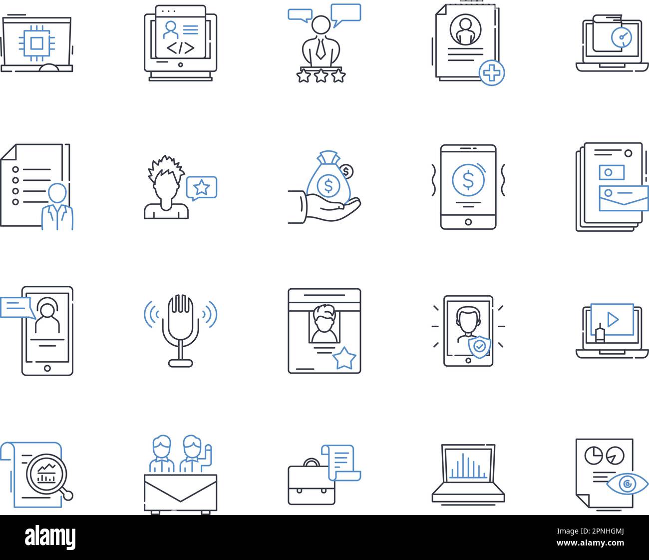 News production line icons collection. Journalism, Reporting, Investigation, Storytelling, Breaking, Headlines, Current vector and linear illustration Stock Vector