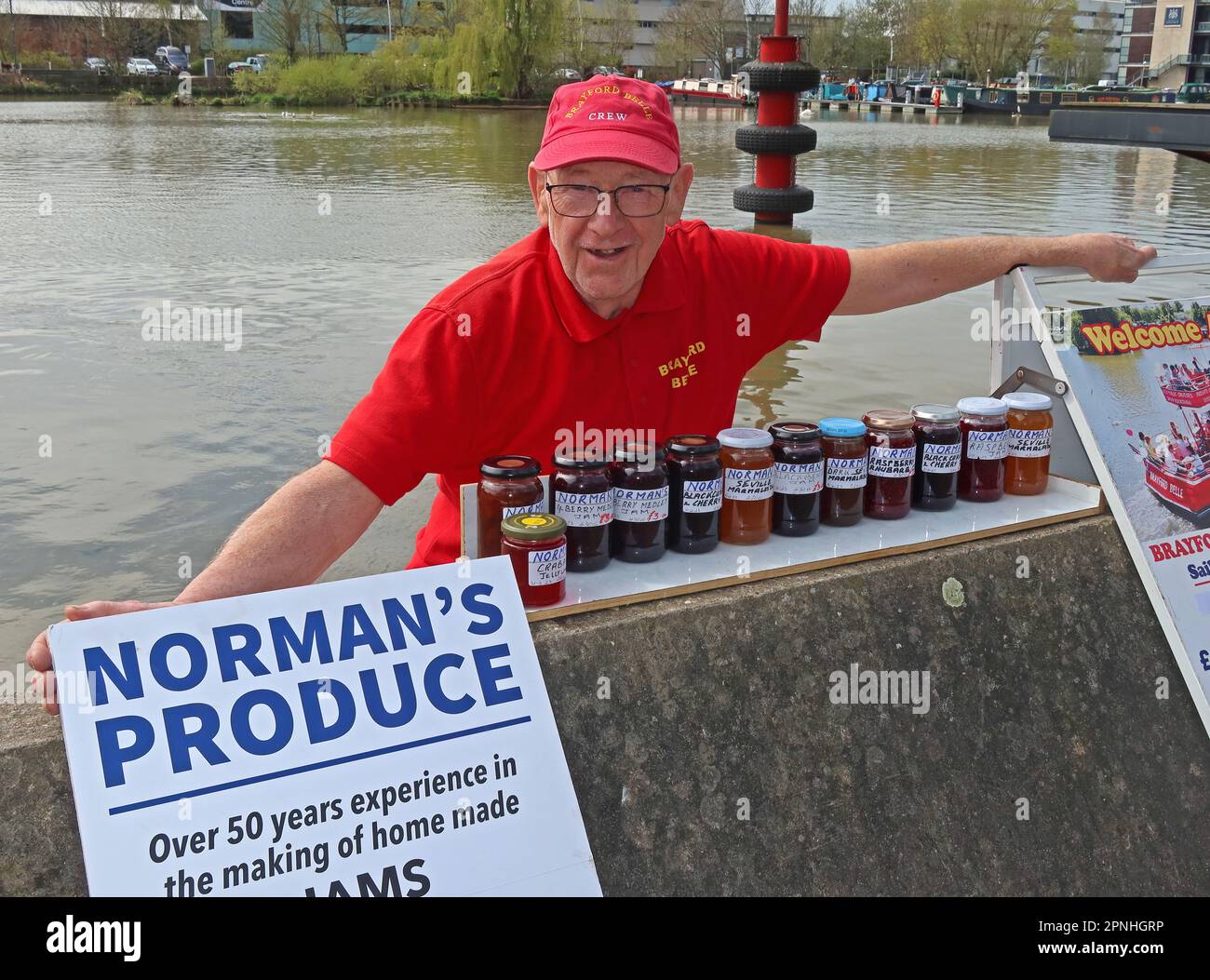 Normans Produce, Norman Scargill Lincoln jam maker for over 50 years working on the Brayford Belle, Lincoln, Lincolnshire, England,UK, LN1 1YX Stock Photo