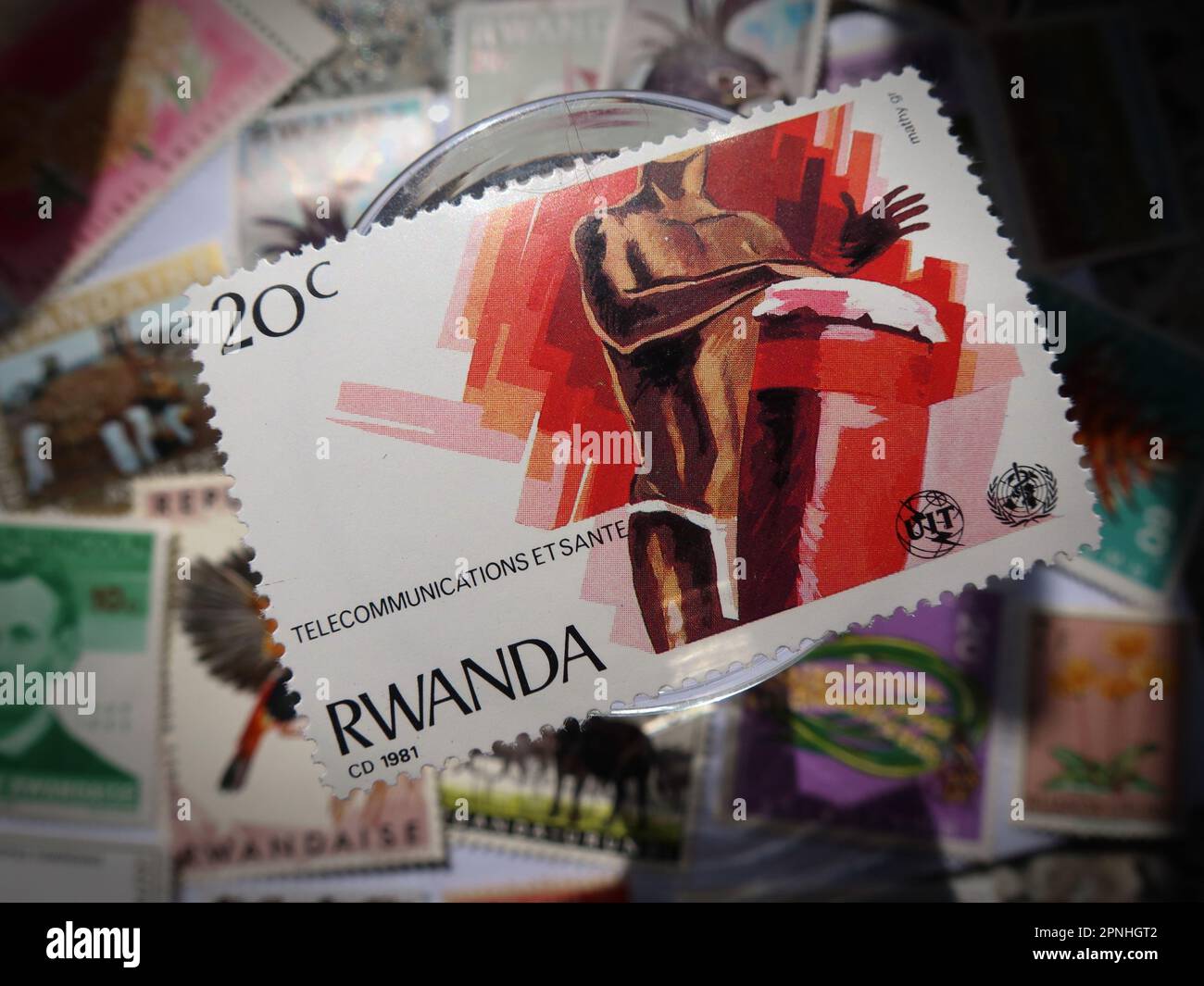 Rwanda country postage stamp, destination in Africa for illegal migration bill deportations, led by UK minister Suella Braverman Stock Photo