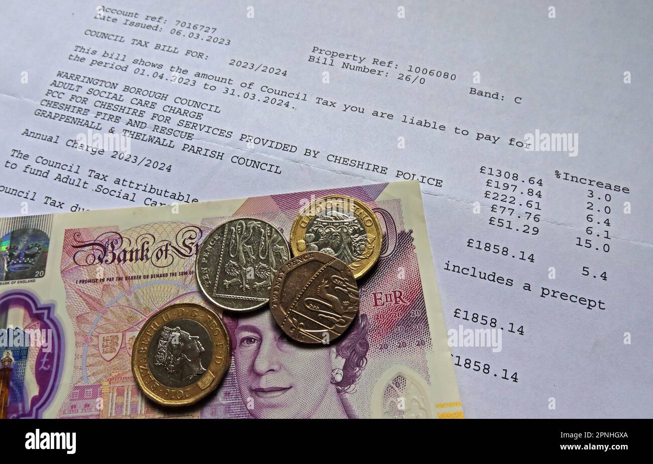Council tax bill with percentage increases, increasing costs for all local authority citizens, Warrington Revs & Bens, Cheshire, England, UK, WA1 1UH Stock Photo