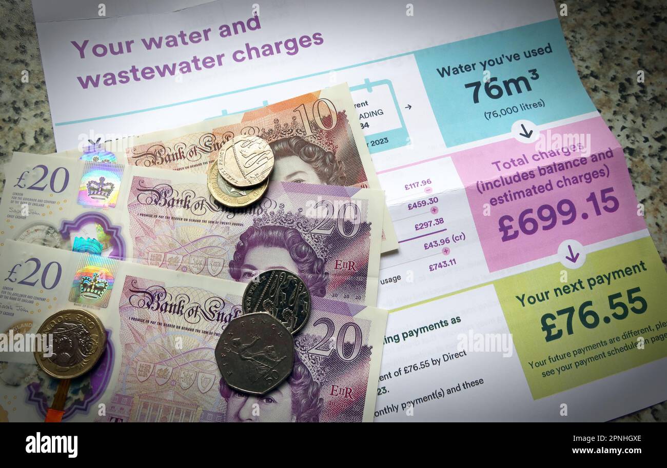 Increasing privatised water utility bills, supply, wastewater treatment charges, with cash notes and coins Stock Photo