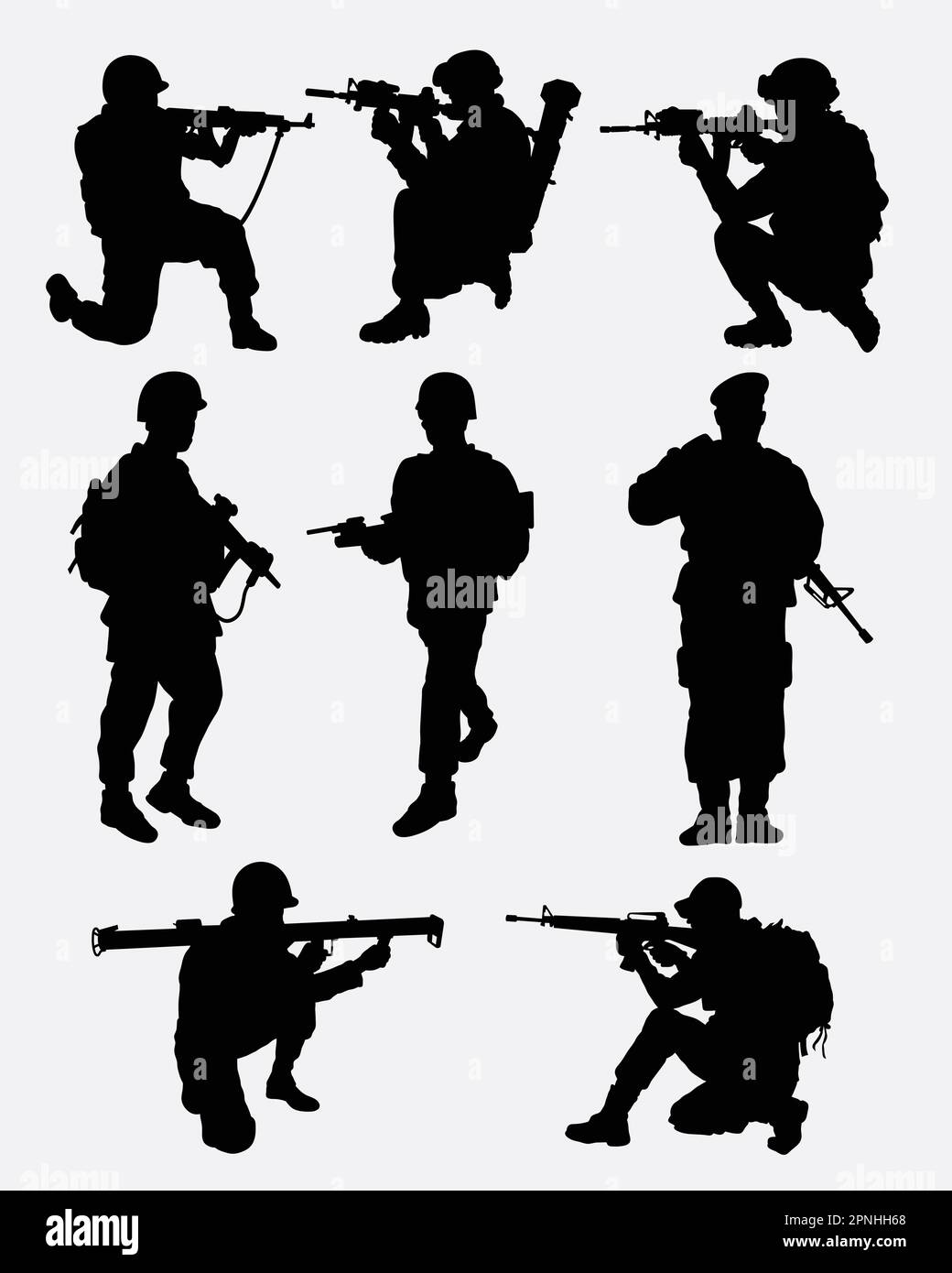 Army military training action silhouette. Good use for symbol, logo, web icon, mascot, game element, sticker, or any design you want. Easy to use. Stock Vector