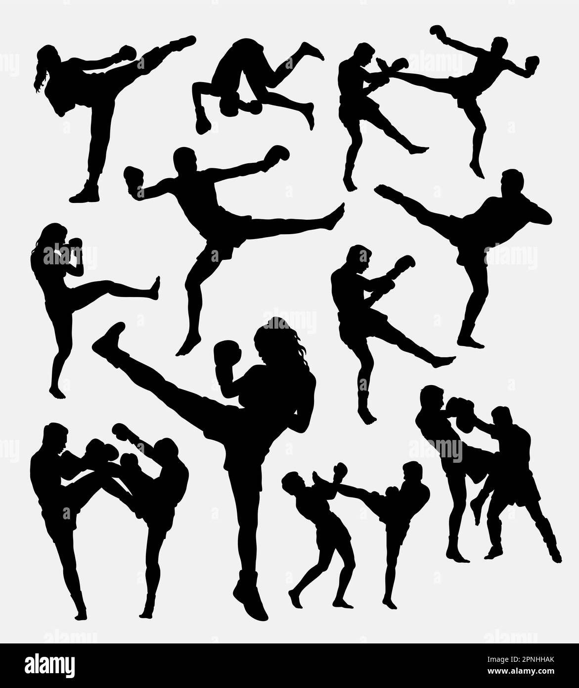 Muay Thai boxing. Male and female kick boxing silhouette. Good use for symbol, logo, web icon, mascot, game elements, or any design you want. Easy to Stock Vector