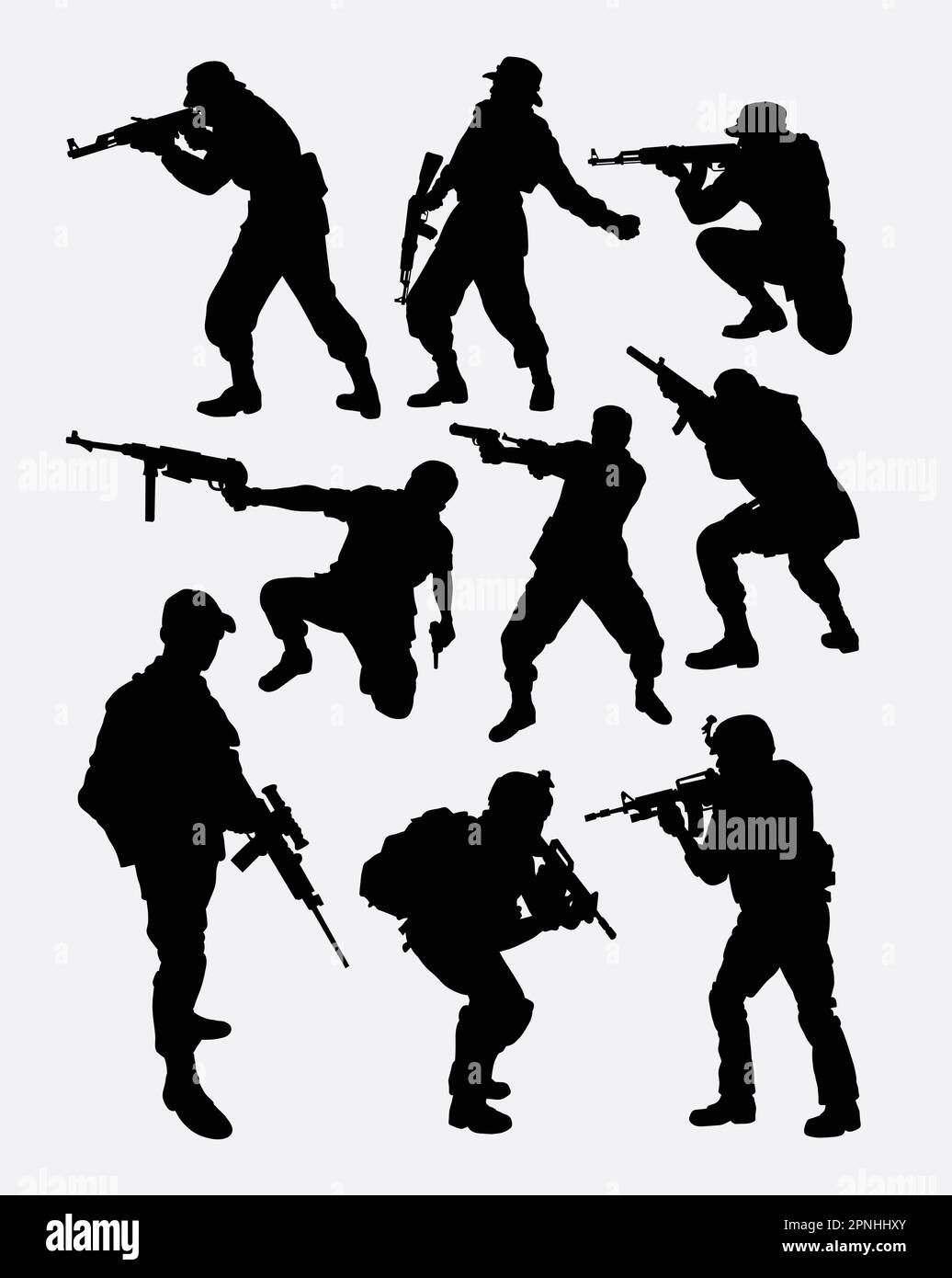 army soldier pose with gun weapon silhouette. Good use for symbol, web icon, game character, element, sign, mascot, or any design you want. Easy to us Stock Vector