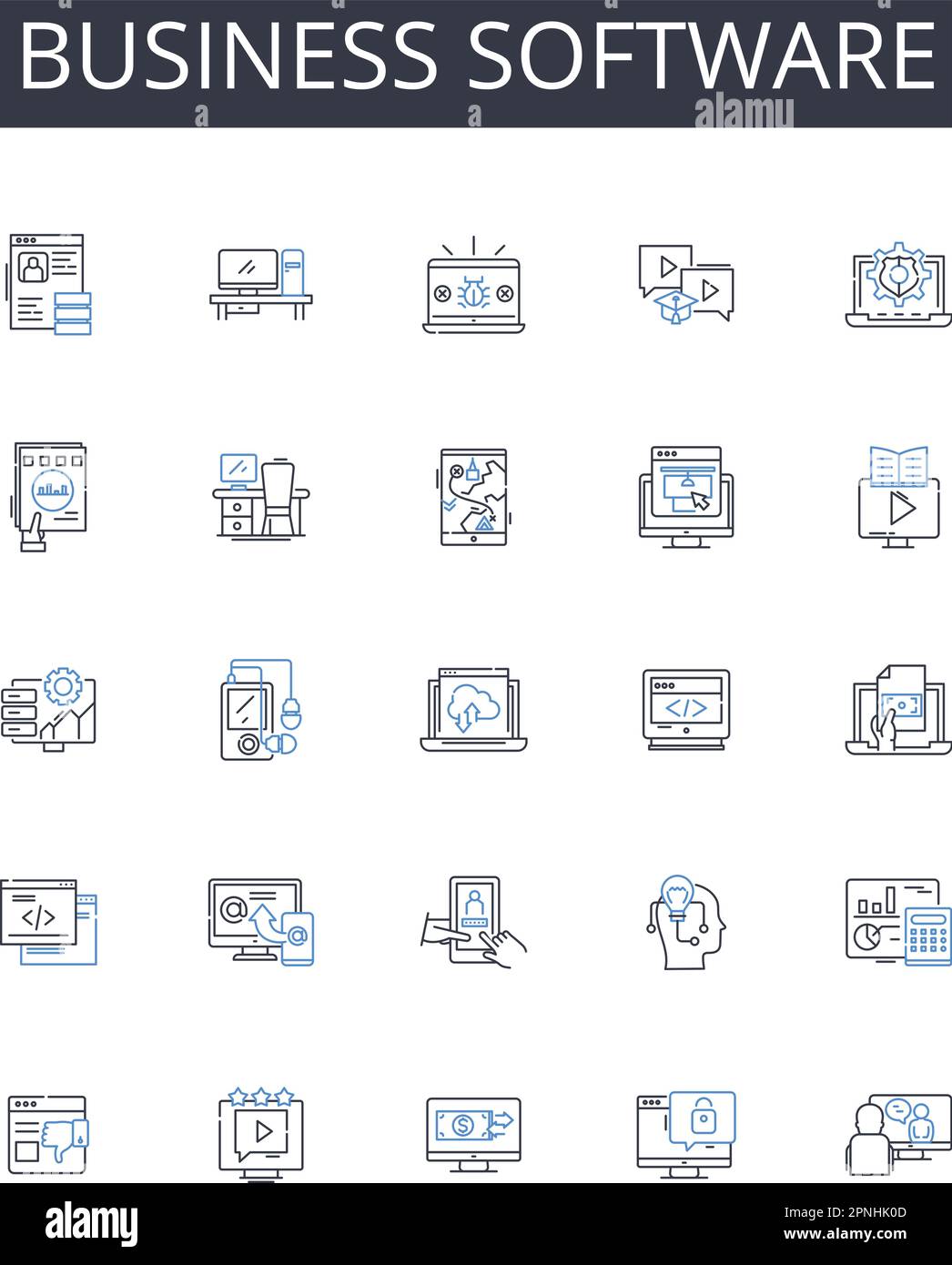 Business software line icons collection. Trailblazer, Adventurer, Explorer, Pier, Maven, Prodigy, Authority vector and linear illustration Stock Vector
