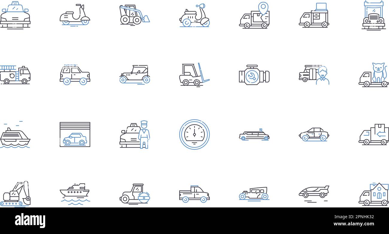 Jeep and delivery line icons collection. Wrangler, Gladiator, Compass, Cherokee, Renegade, Grand Cherokee, Patriot vector and linear illustration Stock Vector