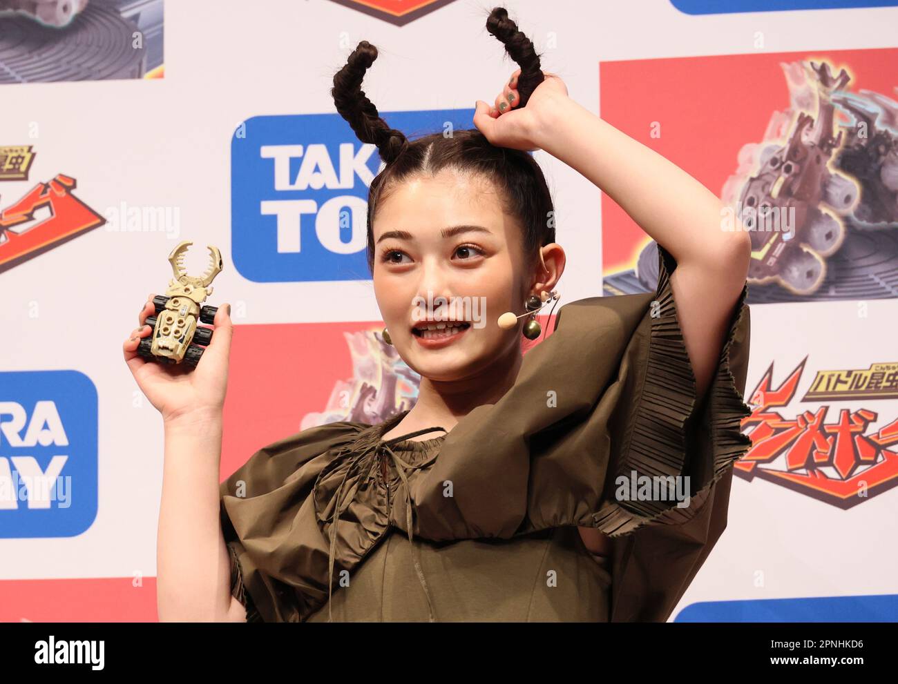 Tokyo, Japan. 19th Apr, 2023. Japanese actress Sakura Inoue displayx Japanese toy maker Tomy's new battle insect toy 'Kabuto Borg' at a promotional event in Tokyo on Wednesday, April 19, 2023. Kabuto Borg is fight game on a board with two beetle shaped toys. (photo by Yoshio Tsunoda/AFLO) Stock Photo
