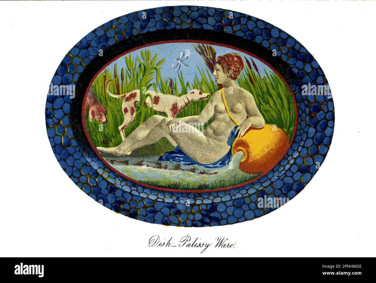 DISH BY BERNARD PALISSY Subject, a Nymph reclining among the reeds, her arm resting upon an urn, from which escapes a stream. Near her stands the dog Bliandi, discovering a spring (Fons). The subject is a personification of Fontainebleau (anciently called Fons Bliandi, or Blandi*), a name it is said to have derived from one of the hounds of Louis VII., who discovered a spring there. This dish is after a design of Maitre Roux, who was employed by Francis I. in the works of the Palace of Fontainebleau. Diameter, 11.5 inches. from the book Collections towards a history of pottery and porcelain, i Stock Photo