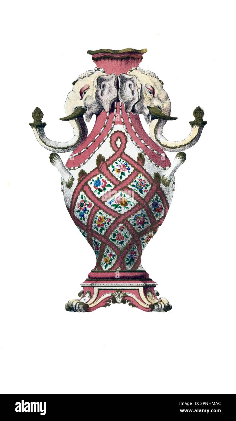 VASE SEVRES Vase Duplessis A tete d'Elephant. This elegant specimen is one of three vases, It is of exquisite delicacy of colouring, the rose Dubarry being relieved by flowers painted upon a white ground. The elephant handles are rarely seen; the date of its manufacture is from 1755 - 1768. Height, 17 inches. from the book Collections towards a history of pottery and porcelain, in the 15th, 16th, 17th, and 18th centuries : with a description of the manufacture, a glossary, and a list of monograms by Joseph Marryat,  Publisher London : J. Murray 1850 Stock Photo