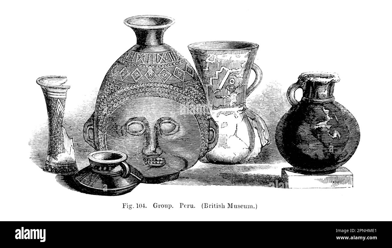 Group of Peruvian Pottery from the book Collections towards a history of pottery and porcelain, in the 15th, 16th, 17th, and 18th centuries : with a description of the manufacture, a glossary, and a list of monograms by Joseph Marryat,  Publisher London : J. Murray 1850 Stock Photo