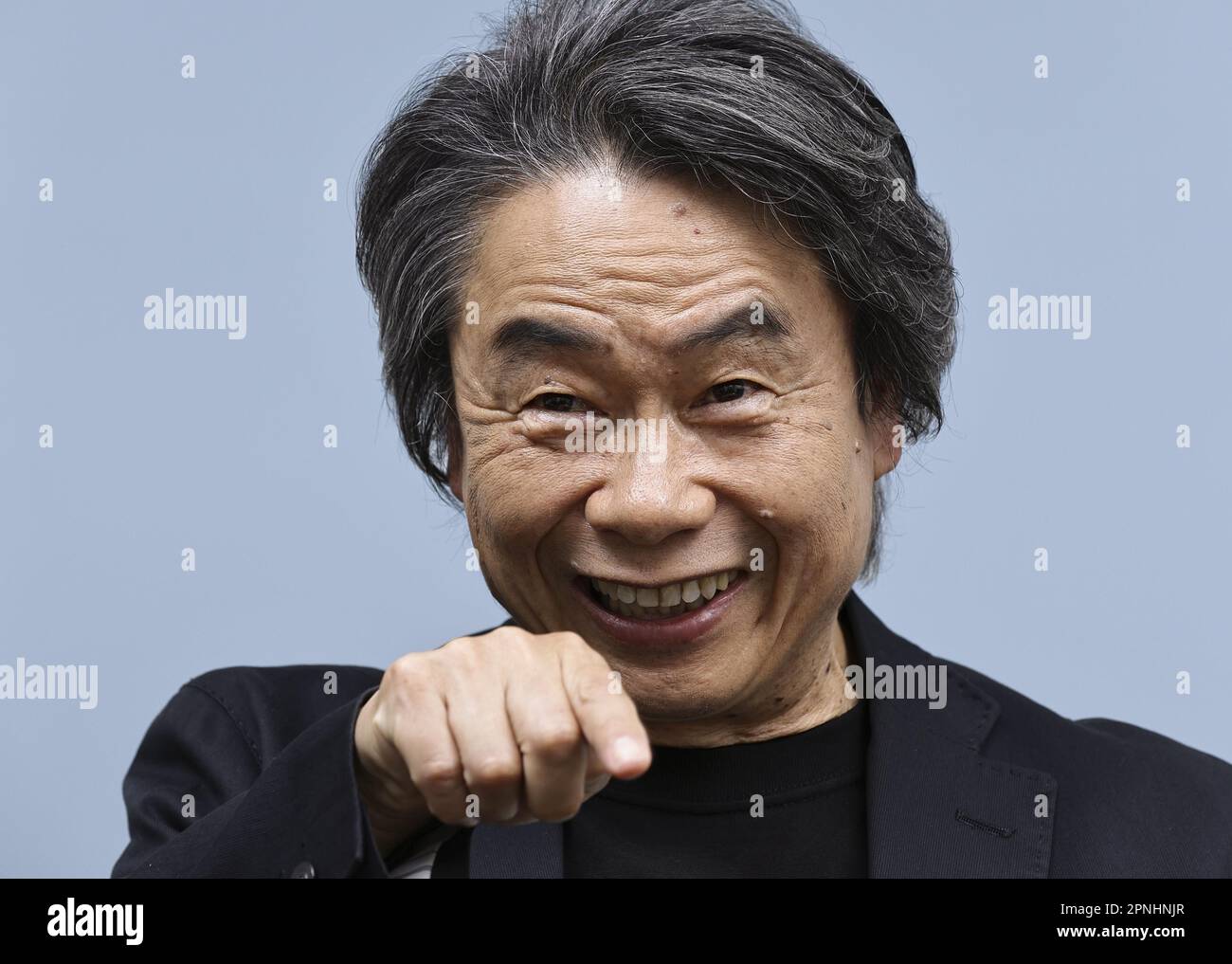 Shigeru Miyamoto, representative director and creative fellow of Nintendo  Co., known as the creator of Super Mario, gives an interview in Kyoto on  April 12, 2023. (Kyodo)==Kyodo Photo via Credit: Newscom/Alamy Live