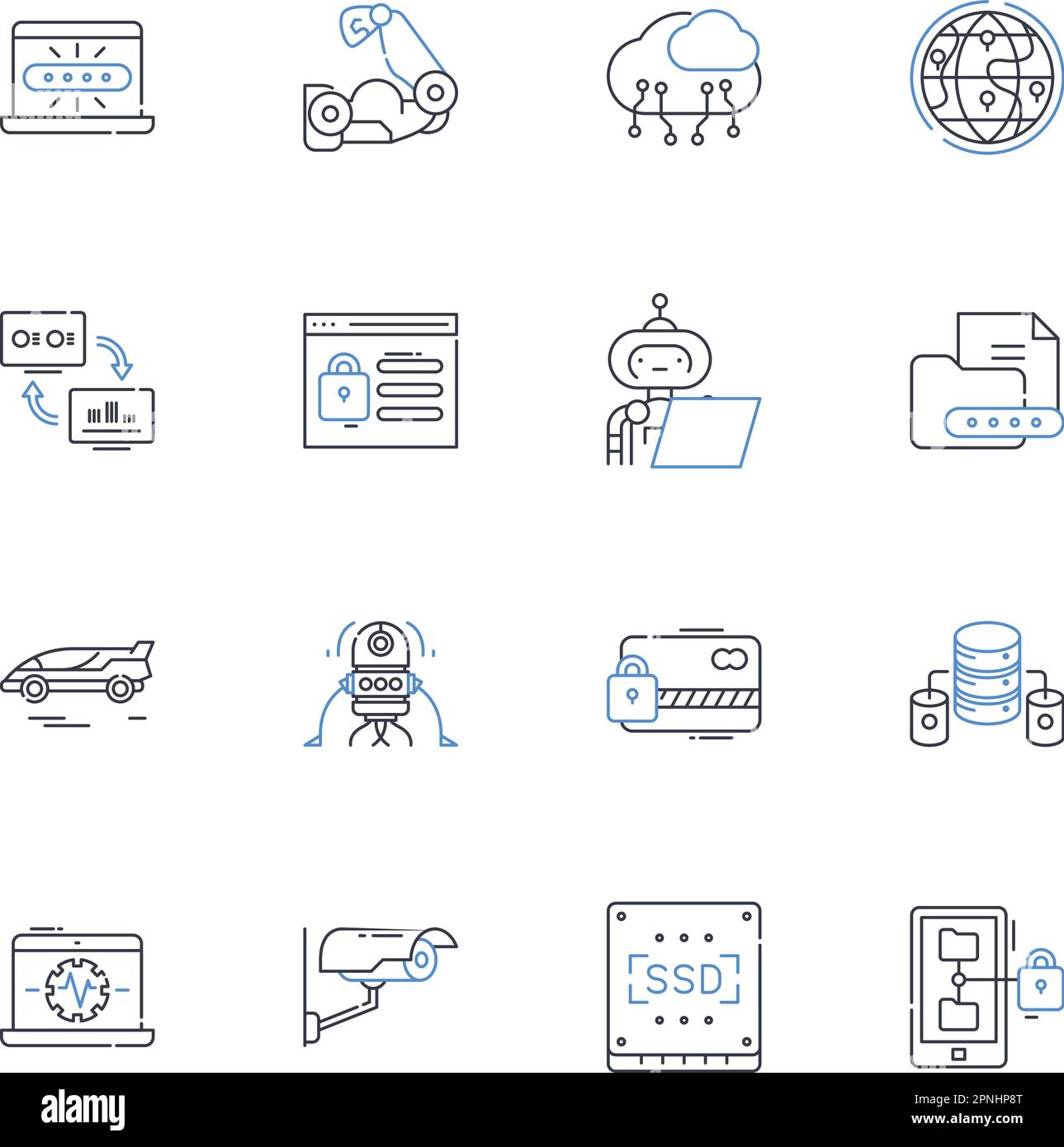 Data encryption line icons collection. Cryptography, Security, Encryption, Privacy, Decryption, Algorithms, Keys vector and linear illustration Stock Vector