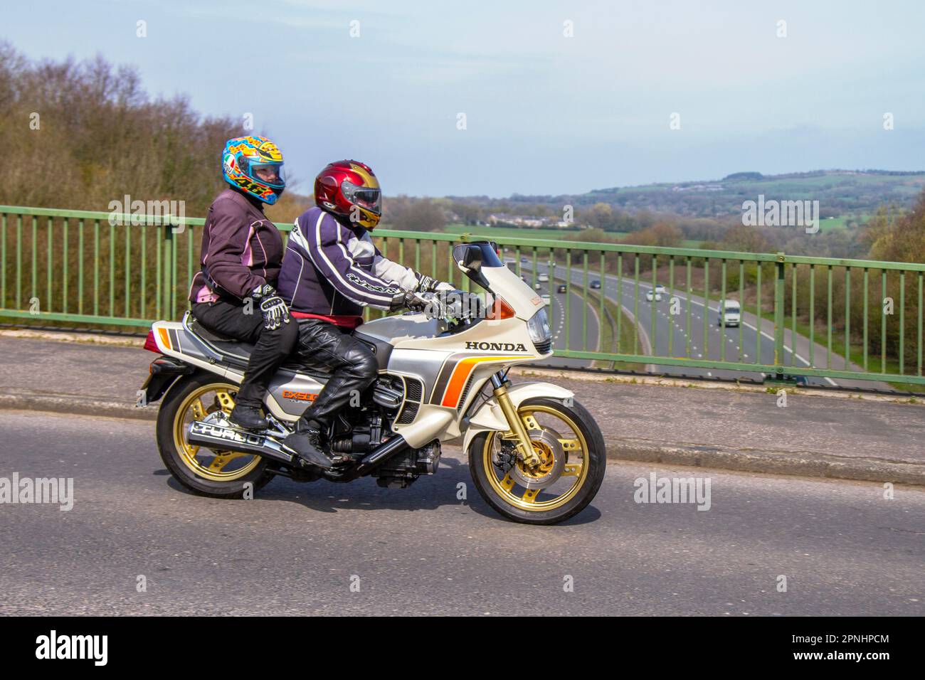 1982 80s eighties Honda V Twin White Motorcycle Sports Petrol 499 cc; crossing motorway bridge in Greater Manchester, UK Stock Photo - Alamy 1982 80s eighties Honda V Twin White Motorcycle Sports Petrol 499 cc; crossing motorway bridge in Greater Manchester, UK Stock Photo - Alamy