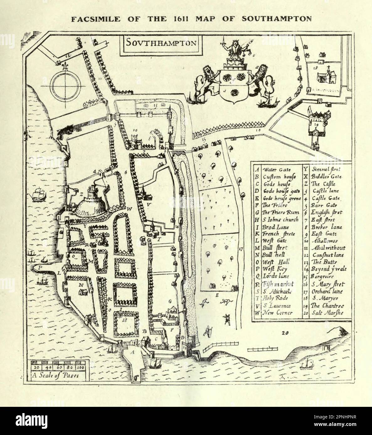 Facsimile of the 1611 Map of Southampton from the book ' Homes and haunts of the Pilgrim fathers ' by Alexander MacKennal, 1835-1904; and revised by Howell Elvet Lewis, Publication date 1920 Publisher London, The Religious tract society Stock Photo