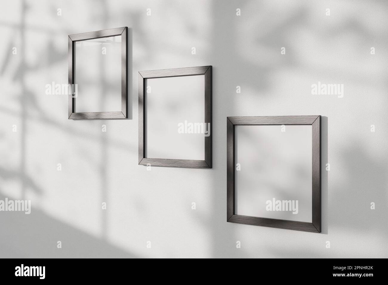 Mockup of three square frames on white wall with window shadow overlay