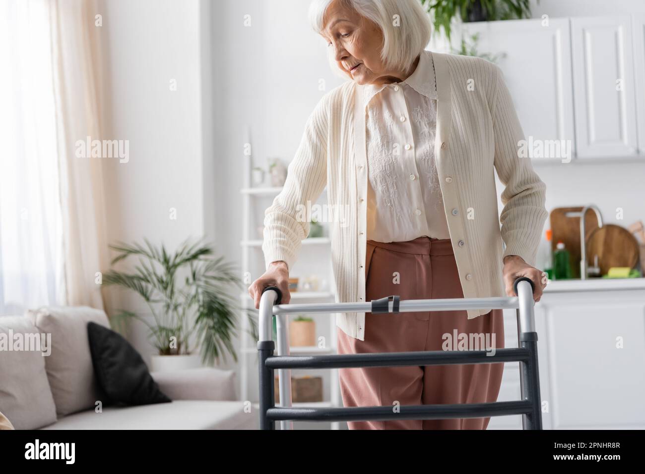 senior woman with grey hair walking with help of walker in modern ...
