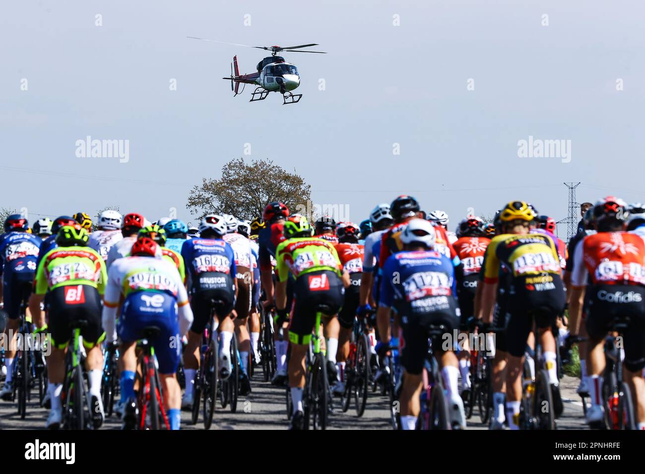 Huy, Belgium. 19th Apr, 2023. TV helicopter pictured during the 86th edition of the men's race Huy, Belgium. 19th Apr, 2023. TV helicopter pictured during the 86th edition of the men's race