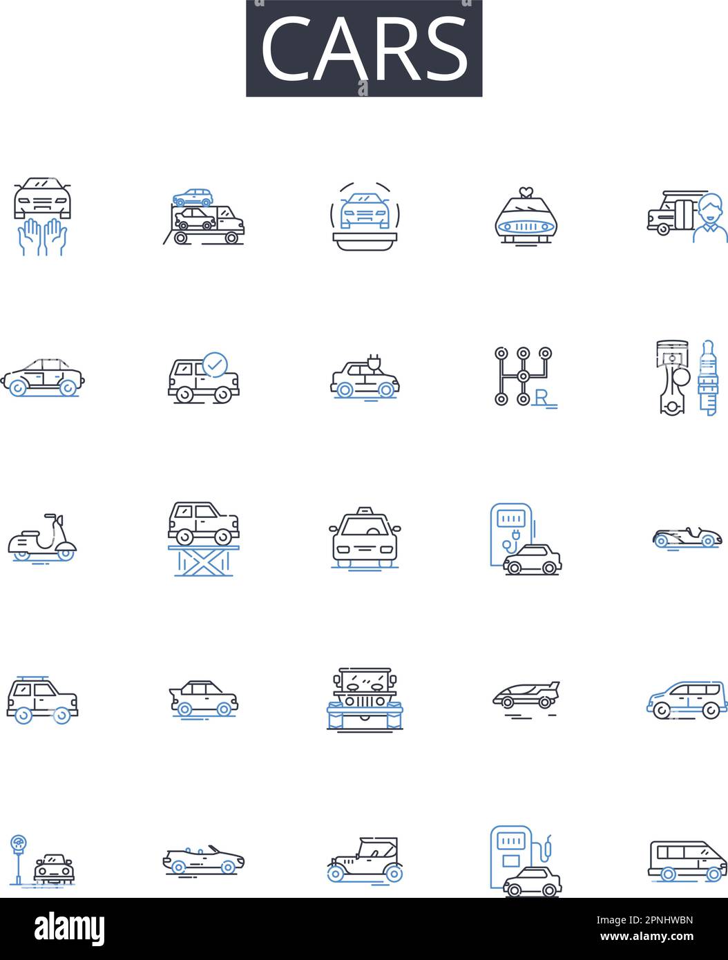 Cars line icons collection. Boats, Vans, Planes, Trucks, Cycles, Buses ...