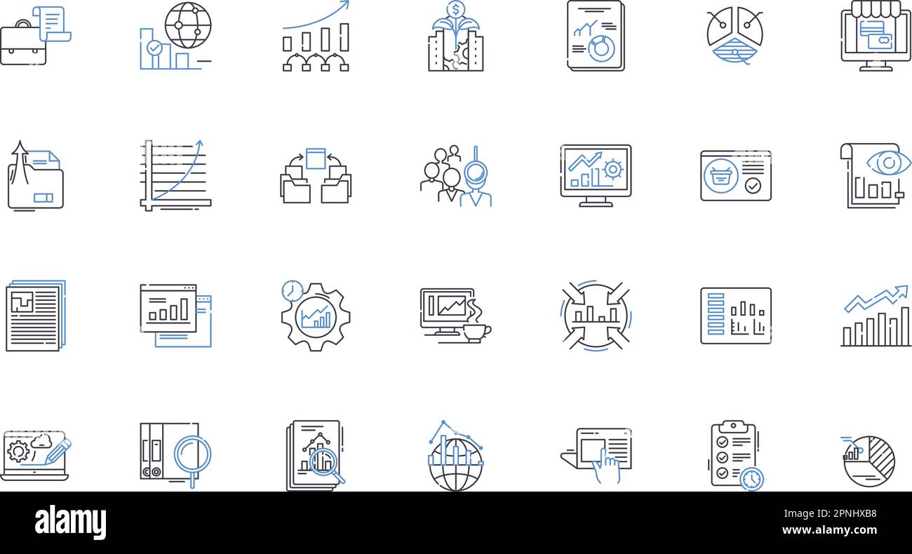 Data compilation software line icons collection. Integrate, Aggregate, Consolidate, Collect, Organize, Process, Analyze vector and linear illustration Stock Vector