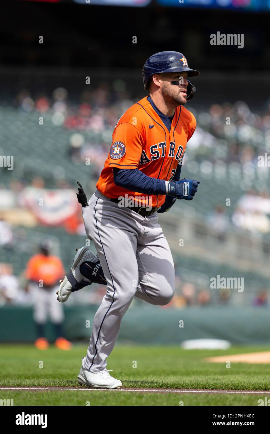 MINNEAPOLIS, MN - APRIL 09: Houston Astros right fielder Kyle Tucker (30)  talks with umpire Mark Carlson (6) after being ejected during the MLB game  between the Houston Astros and the Minnesota