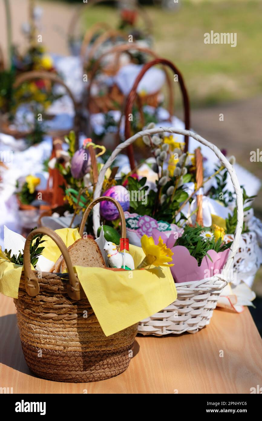 Poland traditional Easter food baskets with simple food, bread and