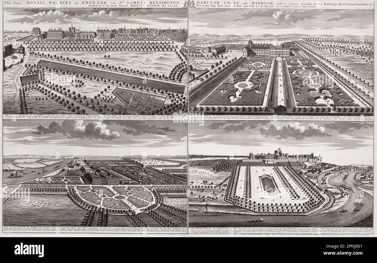 The four royal palaces of England.  St. James's palace, Kensington Palace, Hampton Court Palace and Windsor Castle.   After an 18th century print. Stock Photo