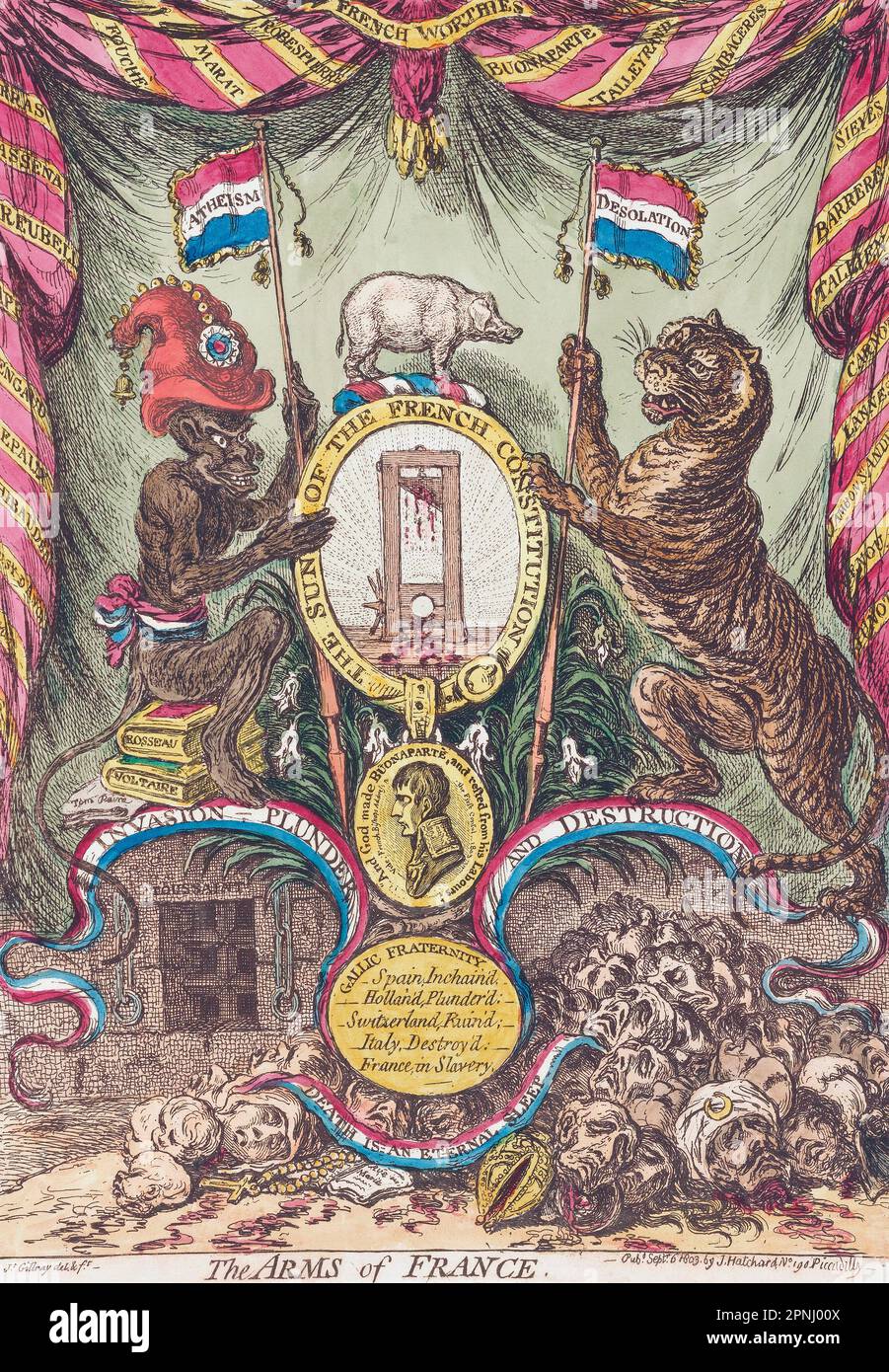 The Arms of France, a satirical comment on Napoleon's France, and the consequences of his ambitions and conquests. At the centre, a guillotine surrounded by the words The Sun of the French Constitution.  After an 1803 work by James Gillray. Stock Photo