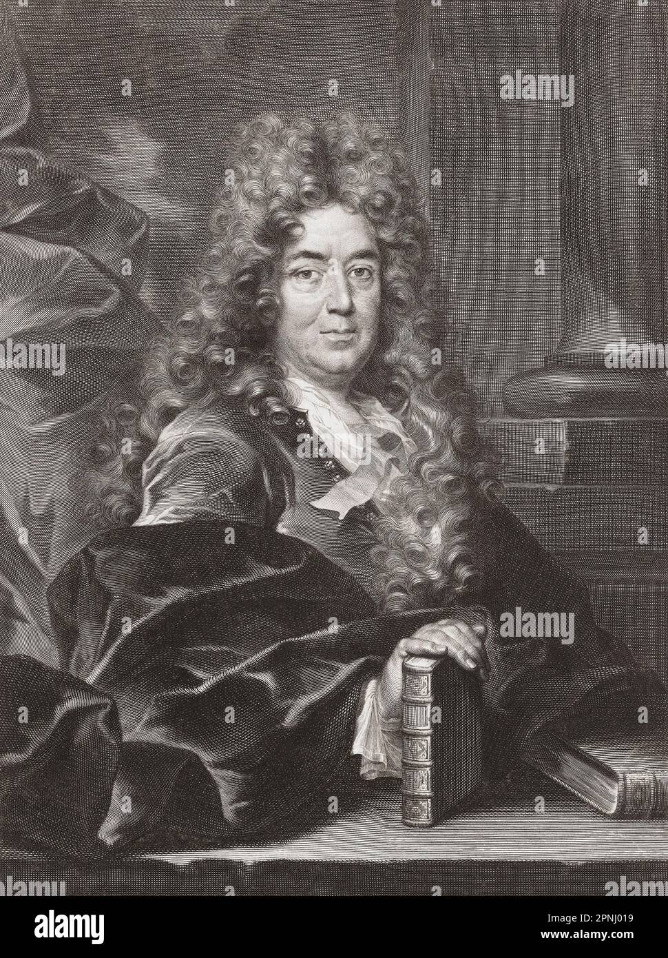 Charles Perrault, 1628 - 1703.  French author best remembered for his fairy tales, which included Sleeping Beauty, Puss in Boots, Little Red Riding Hood.  He was a member of the Académie Française or French Academy.  From a print by Gerard Edelinck after the painting by Jean Tortebat, Stock Photo