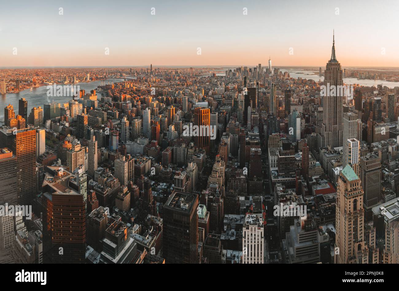 Aerial view of Midtown and lower Manhattan New York City Downtown. Soft ...