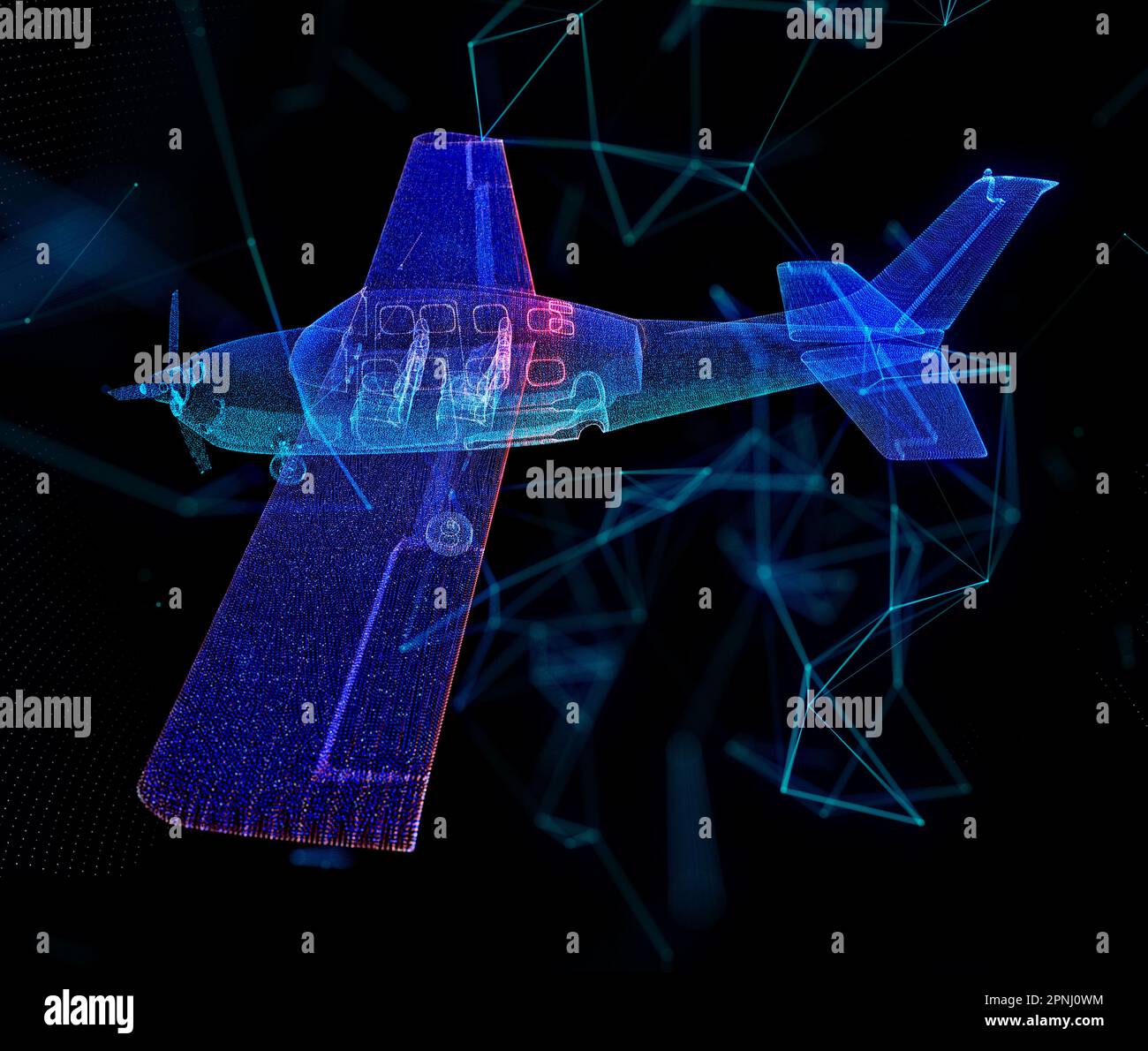 3d airplane. Digital airliner and world map concept in dark blue background. Dots, and glowing stars polygonal line Digital 3d model Stock Photo