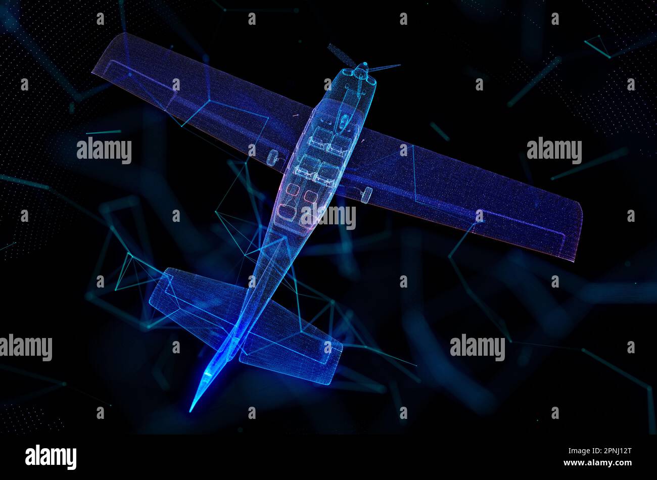 Abstract airplane. Wireframe mesh spheres from a flying plane. Travel concept Stock Photo