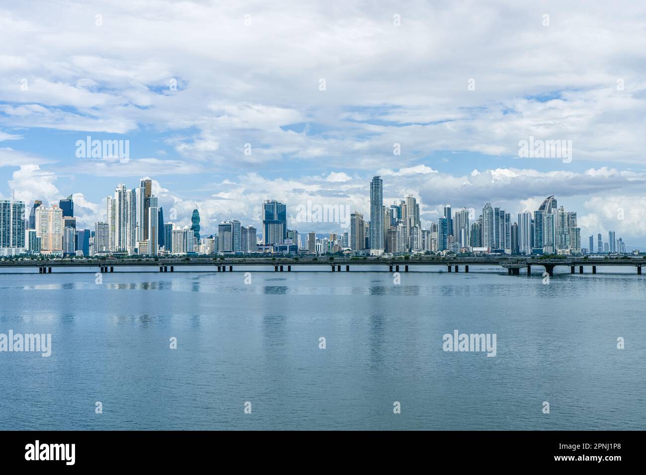 Panama City causeway and Skyline Panama with blue cloudy sky and an oceanfront view Stock Photo