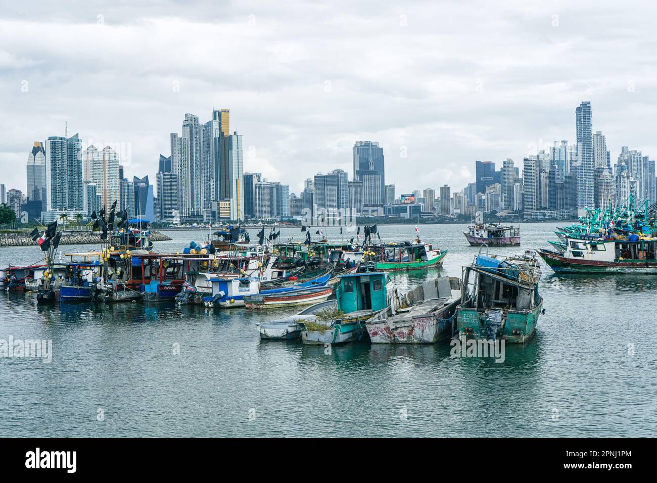 Panama City Harbour and Skyline Panama with fishing boats and causeway Stock Photo
