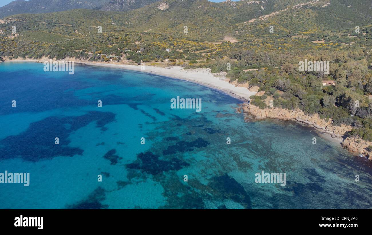 Port of teulada and aerial view of porto tramatzu beach in south sardinia Stock Photo