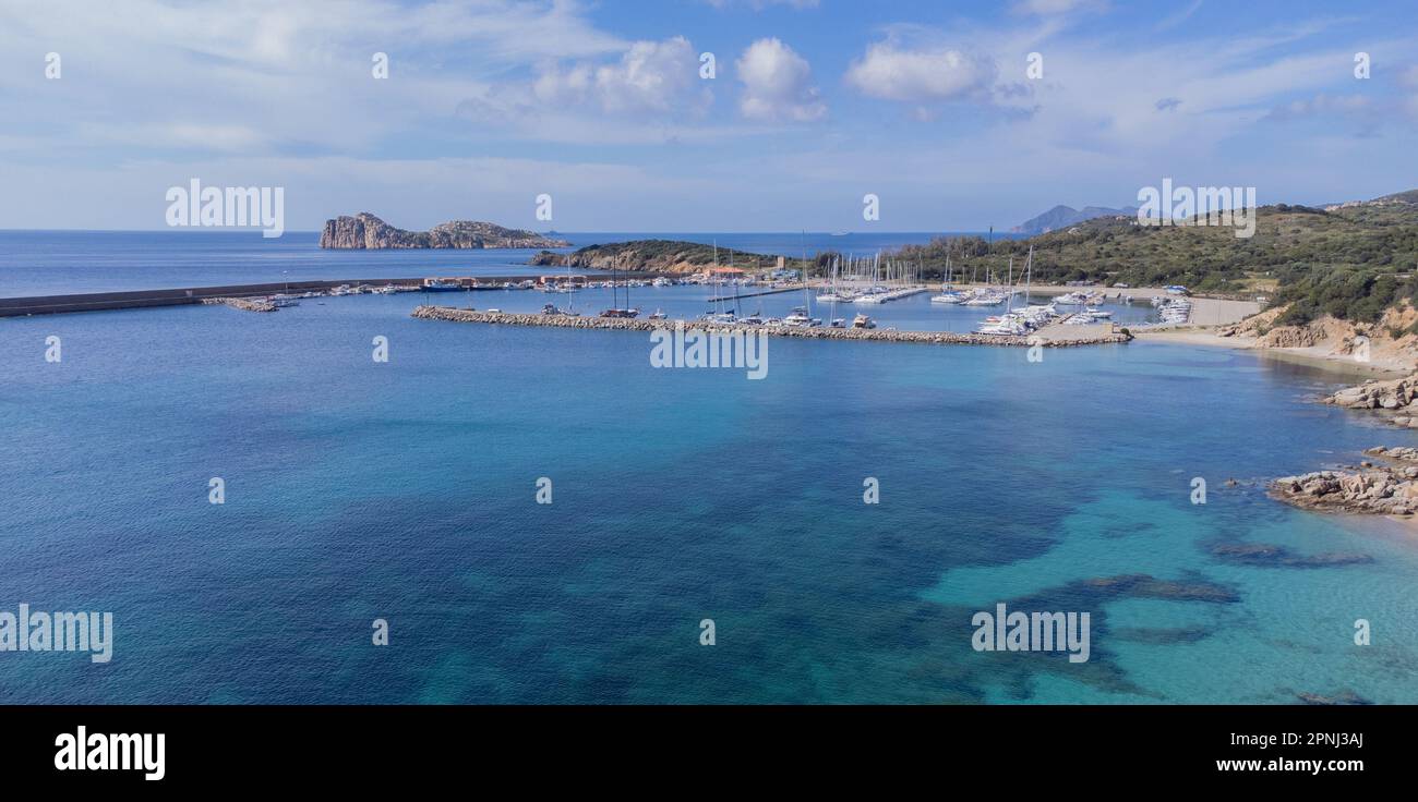 Port of teulada and aerial view of porto tramatzu beach in south sardinia Stock Photo