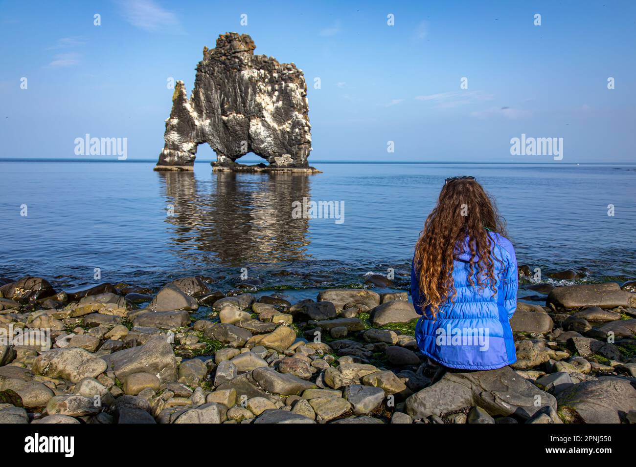 A girl looking at the Hvitserkur famous Rhino rock, a popular tourist attraction Vatnsnes peninsula. It's a basalt rock that resembles a rhino or elep Stock Photo