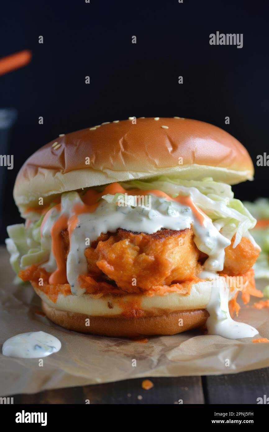 Buffalo chicken burger with blue cheese dressing and celery Stock Photo