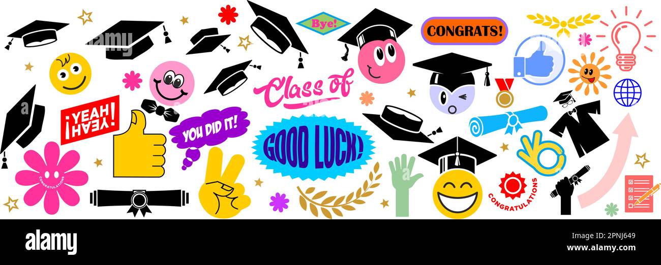 Colorful smiling graduate label shape set. Collection of cartoon shapes stickers for decorate graduation party. Funny comic vector on transparent back Stock Vector