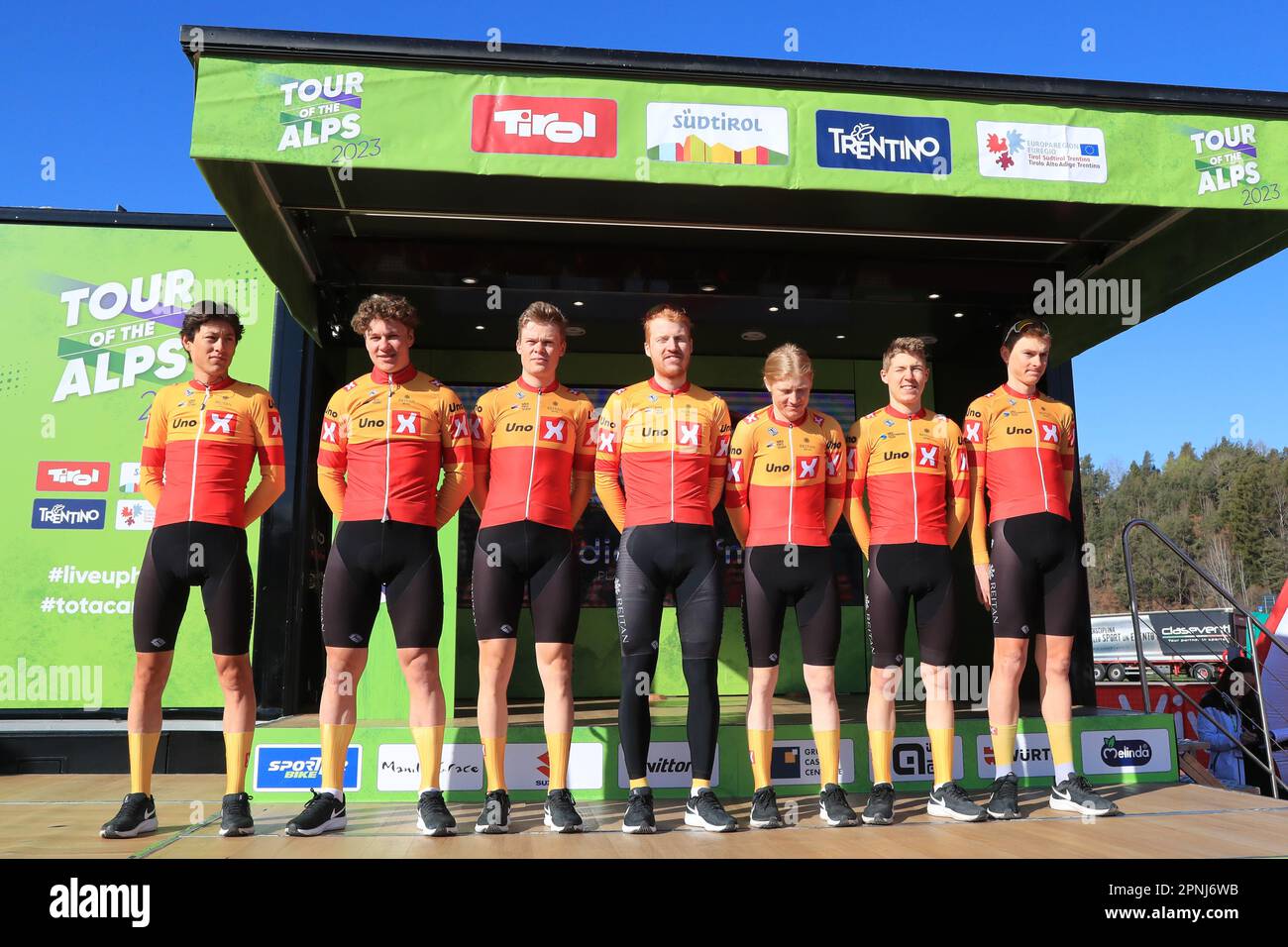 Brentonico San Valentino, Italy. 19th Apr, 2023. UCI Tour of the Alps Road Cycling Race, Third Stage from Ritten to Brentonico San Valentino ; Norway's Uno-X Pro Cycling Team Credit: Action Plus Sports/Alamy Live News Stock Photo