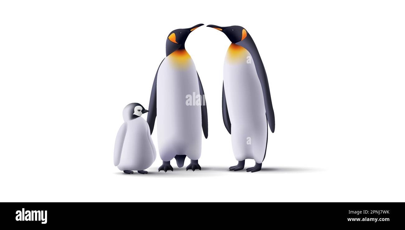 Family of Pinguins realistic 3d illustration. mum dad and baby animals