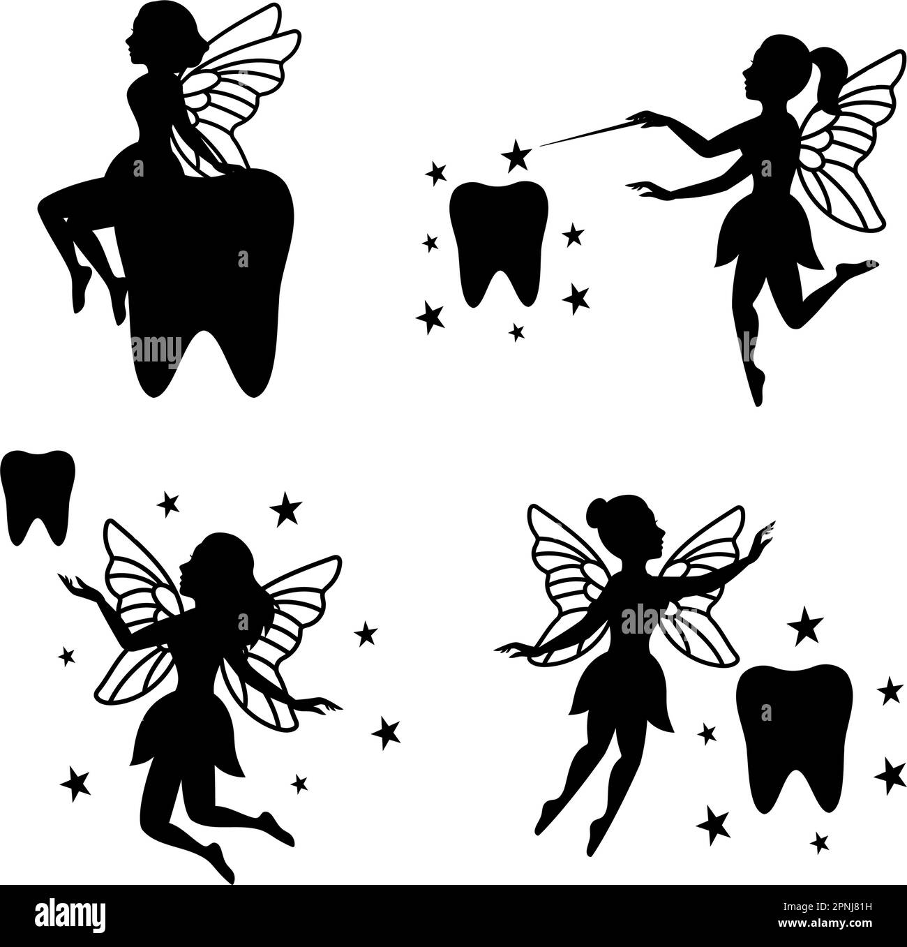 Set of tooth fairies. Little creatures with wings. Tooth fairies in ...