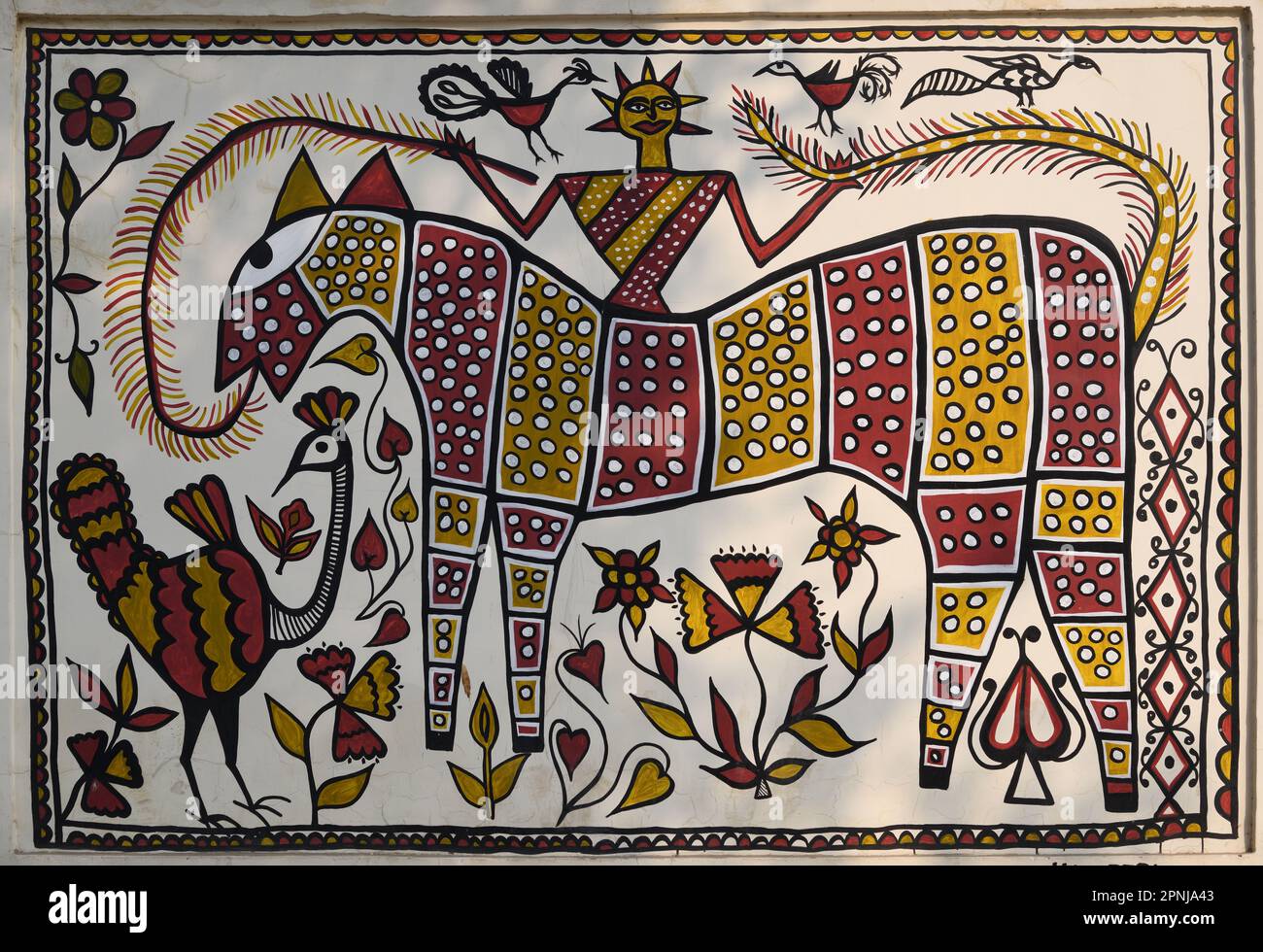 Sohrai painting is a mural art traditionally practiced by women in the Hazaribagh district of Jharkhand in India. Traditionally used to decorate the h Stock Photo