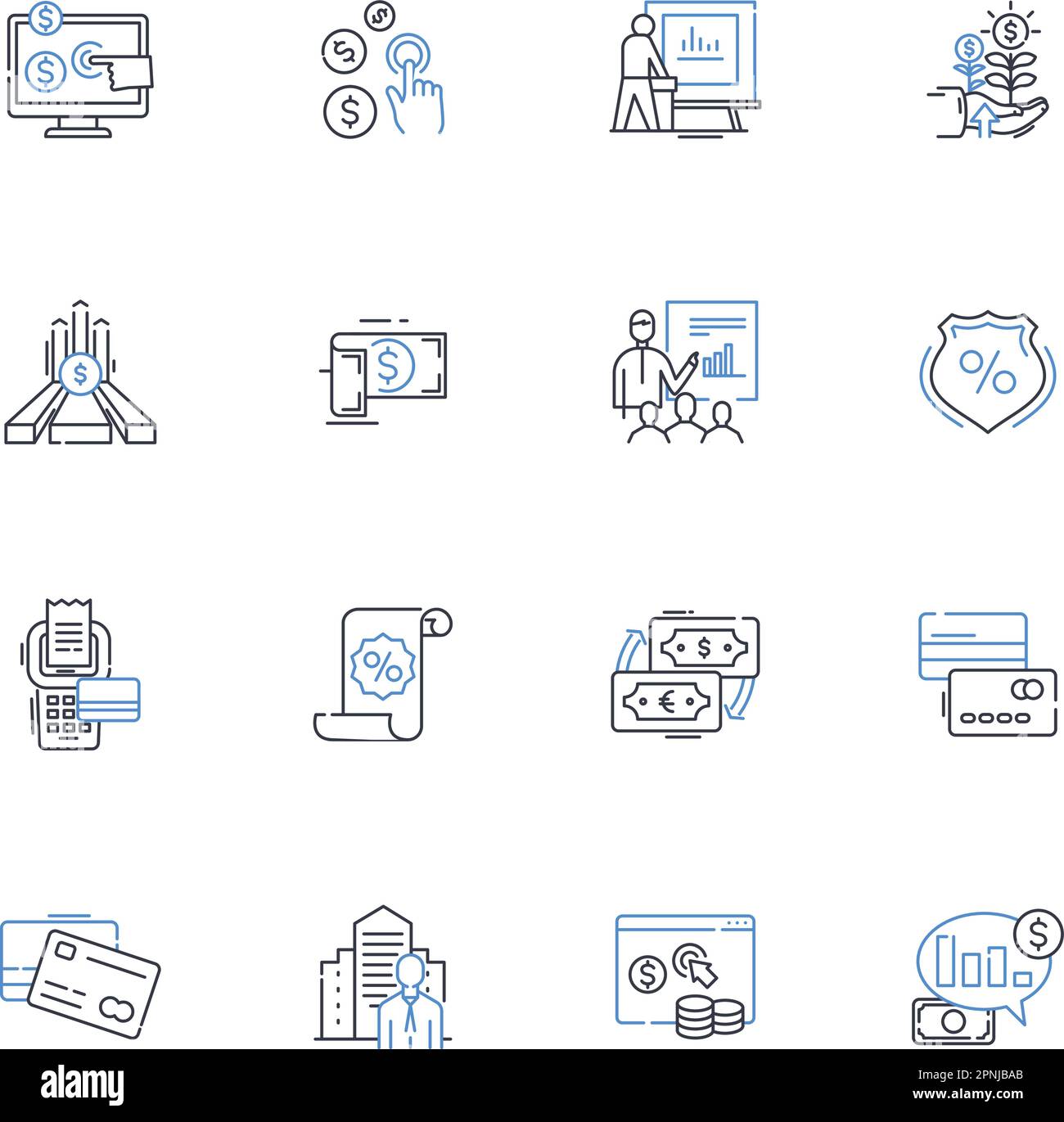 Credit counseling line icons collection. Debt, Budgeting, Credit score, Financial education, Saving, Bankruptcy, Interest rates vector and linear Stock Vector