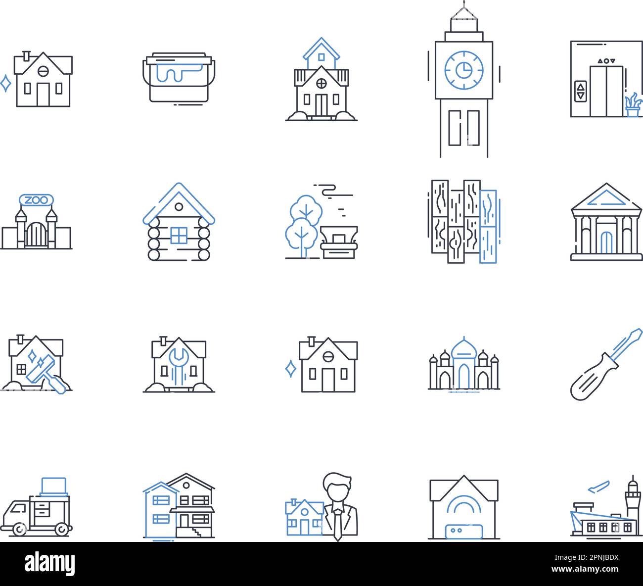 Bungalows line icons collection. Cozy, Rustic, Quaint, Serene, Charming, Secluded, Intimate vector and linear illustration. Vintage,Comfortable Stock Vector